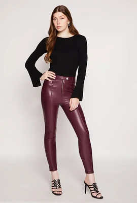 Womens Iris Faux Leather Pintuck Skinny Leg Pants, Burgundy, Size S