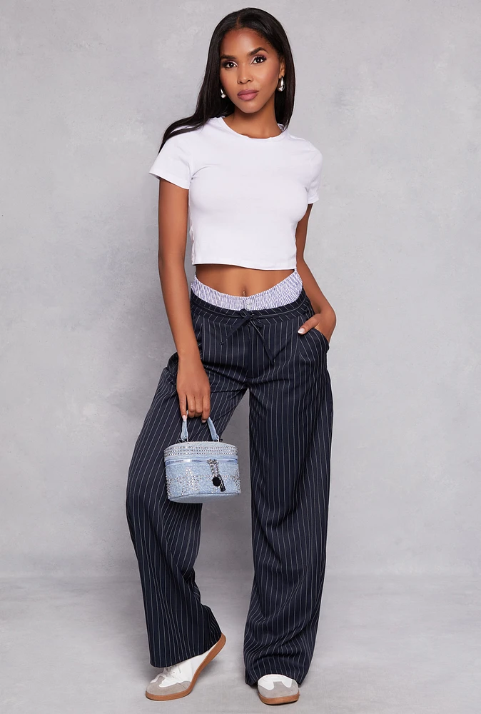 Womens Almost Famous Boxer Detail Pinstripe Pants, Blue, Size M
