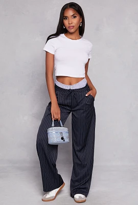 Womens Almost Famous Boxer Detail Pinstripe Pants, Blue, Size M