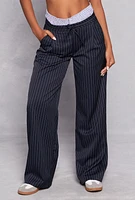 Womens Almost Famous Boxer Detail Pinstripe Pants, Blue, Size M