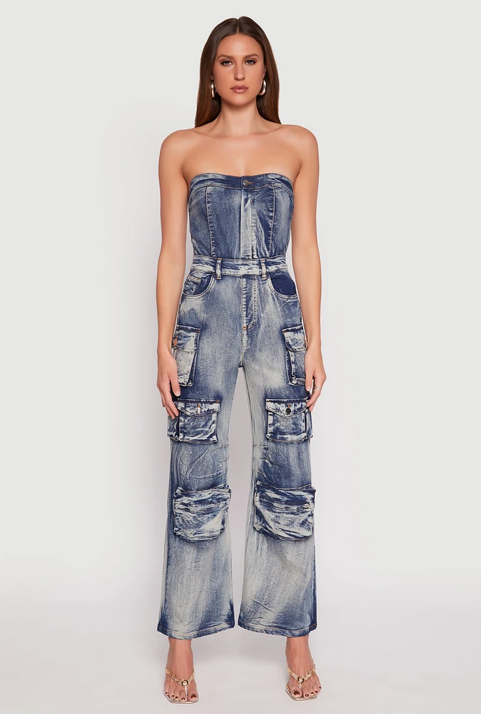 Womens Spoon Jeans Denim Acid Wash Cargo Jumpsuit, Blue,