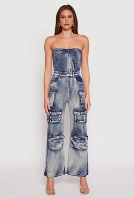 Womens Spoon Jeans Denim Acid Wash Cargo Jumpsuit, Blue,