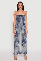 Womens Spoon Jeans Denim Acid Wash Cargo Jumpsuit, Blue, Size S