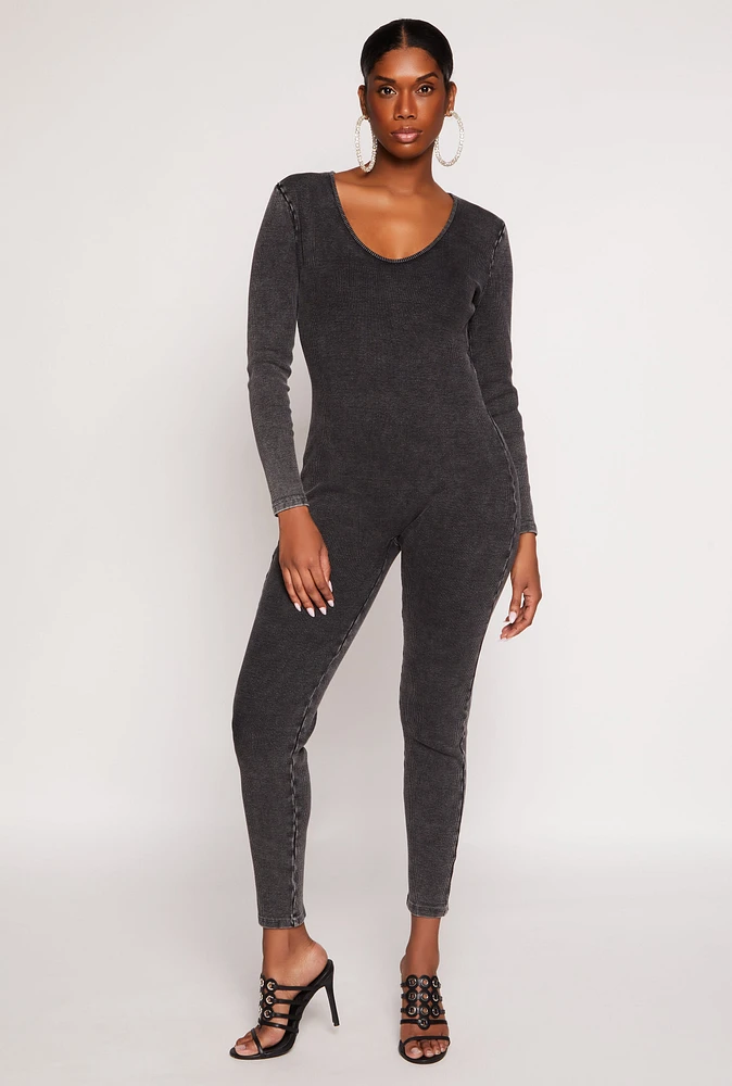 Womens Acid Wash V Neck Catsuit, Black, Size L