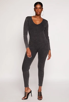Womens Acid Wash V Neck Catsuit, Black, Size L