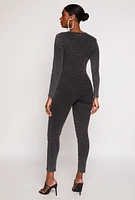 Womens Acid Wash V Neck Catsuit, Black, Size L