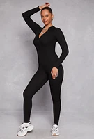 Womens Ribbed Knit Zip Front Long Sleeve Catsuit,