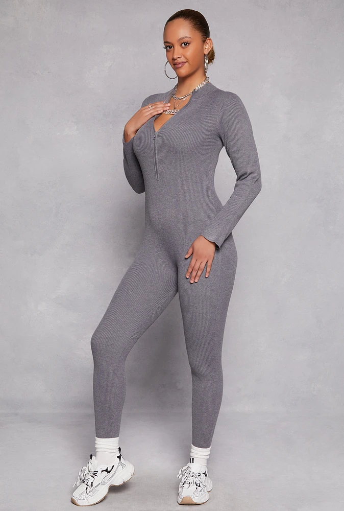 Womens Ribbed Knit Zip Front Long Sleeve Catsuit, Grey,