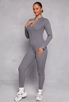 Womens Ribbed Knit Zip Front Long Sleeve Catsuit, Grey,