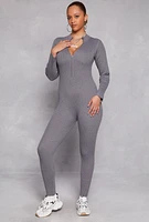 Womens Ribbed Knit Zip Front Long Sleeve Catsuit, Grey,