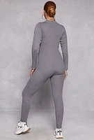 Womens Ribbed Knit Zip Front Long Sleeve Catsuit, Grey,