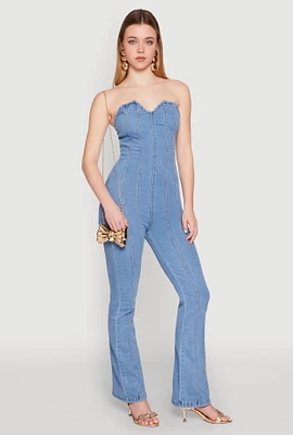 Womens Denim Pintuck Jumpsuit, Blue, Size XL