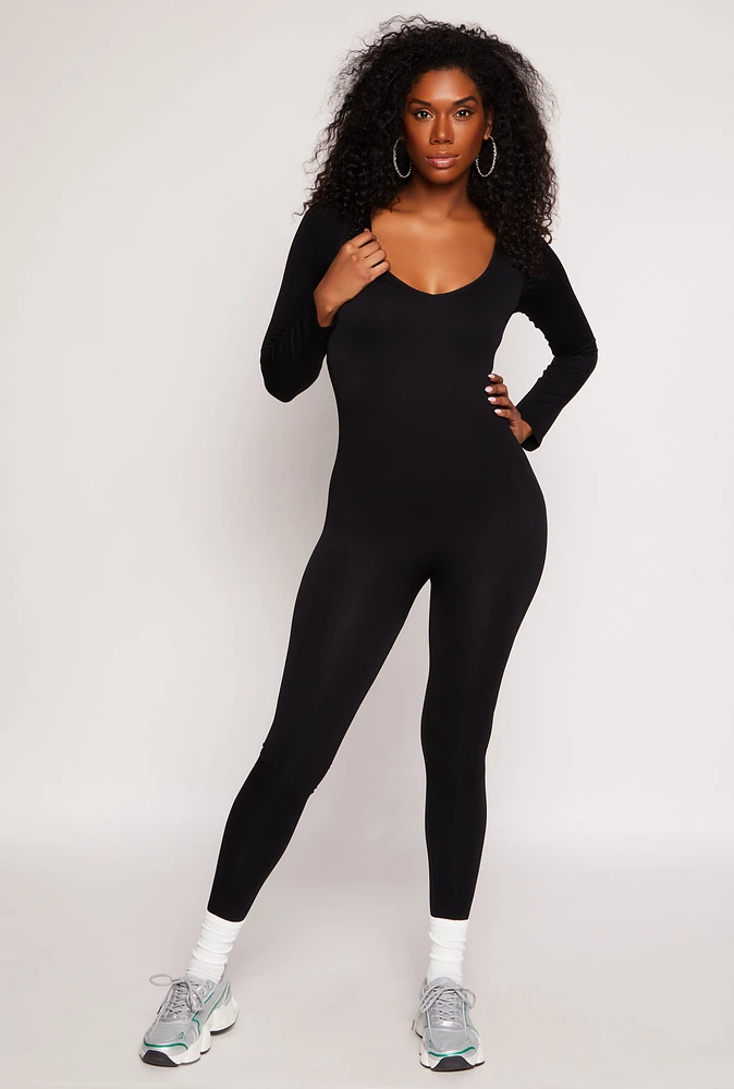 Womens Seamless Long Sleeve Catsuit, Black, Size L-XL