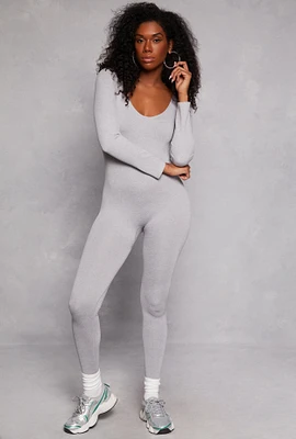 Womens Seamless Long Sleeve Catsuit, Grey, Size L-XL