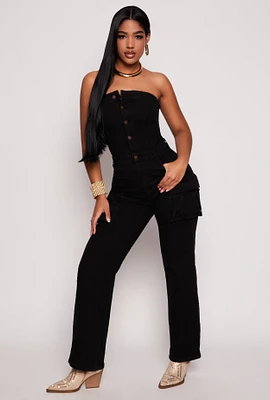 Womens Daisy Denim Cargo Strapless Jumpsuit, Black, Size S