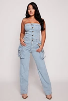 Womens Daisy Denim Cargo Strapless Jumpsuit, Blue,