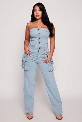Womens Daisy Denim Cargo Strapless Jumpsuit, Blue, Size S