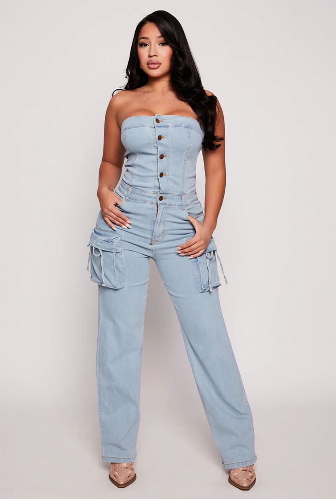 Womens Daisy Denim Cargo Strapless Jumpsuit, Blue, Size M