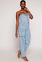 Womens Daisy Denim Cargo Strapless Jumpsuit, Blue,