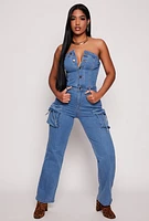 Womens Daisy Denim Cargo Strapless Jumpsuit, Blue,