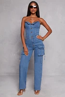 Womens Daisy Denim Cargo Strapless Jumpsuit, Blue,