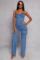Womens Daisy Denim Cargo Strapless Jumpsuit, Blue, Size S