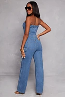 Womens Daisy Denim Cargo Strapless Jumpsuit, Blue, Size S