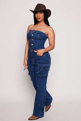 Womens Daisy Strapless Denim Cargo Jumpsuit, Blue