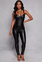 Womens Haute Monde Faux Leather Bustier Catsuit, Black,