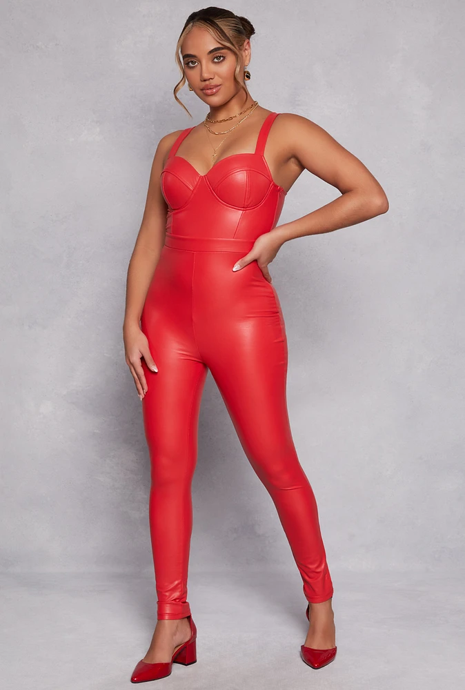 Womens Haute Monde Faux Leather Bustier Catsuit, Red, Size M