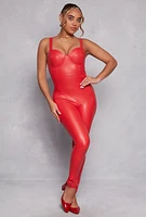 Womens Haute Monde Faux Leather Bustier Catsuit, Red, Size M