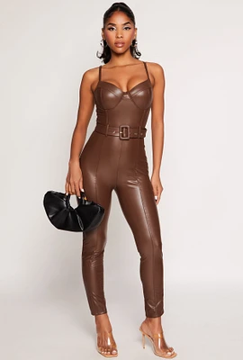 Womens Haute Monde Faux Leather Belted Bustier Jumpsuit,