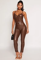 Womens Haute Monde Faux Leather Belted Bustier Jumpsuit, Brown,