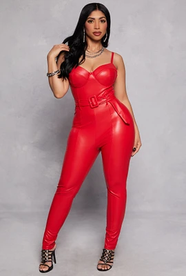 Womens Haute Monde Faux Leather Belted Bustier Jumpsuit, Red, Size L