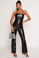 Womens Iris Faux Leather Halter Jumpsuit, Black, Size S