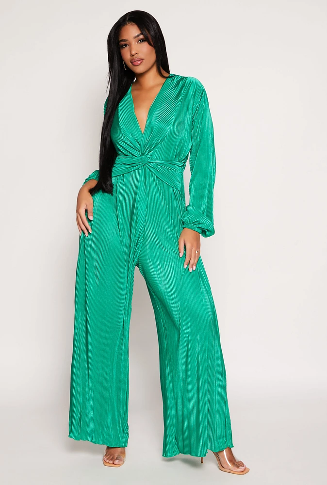 Womens Plisse Twist Front Jumpsuit, Green, Size L