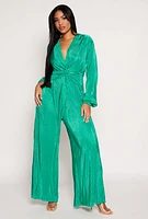 Womens Plisse Twist Front Jumpsuit, Green, Size L