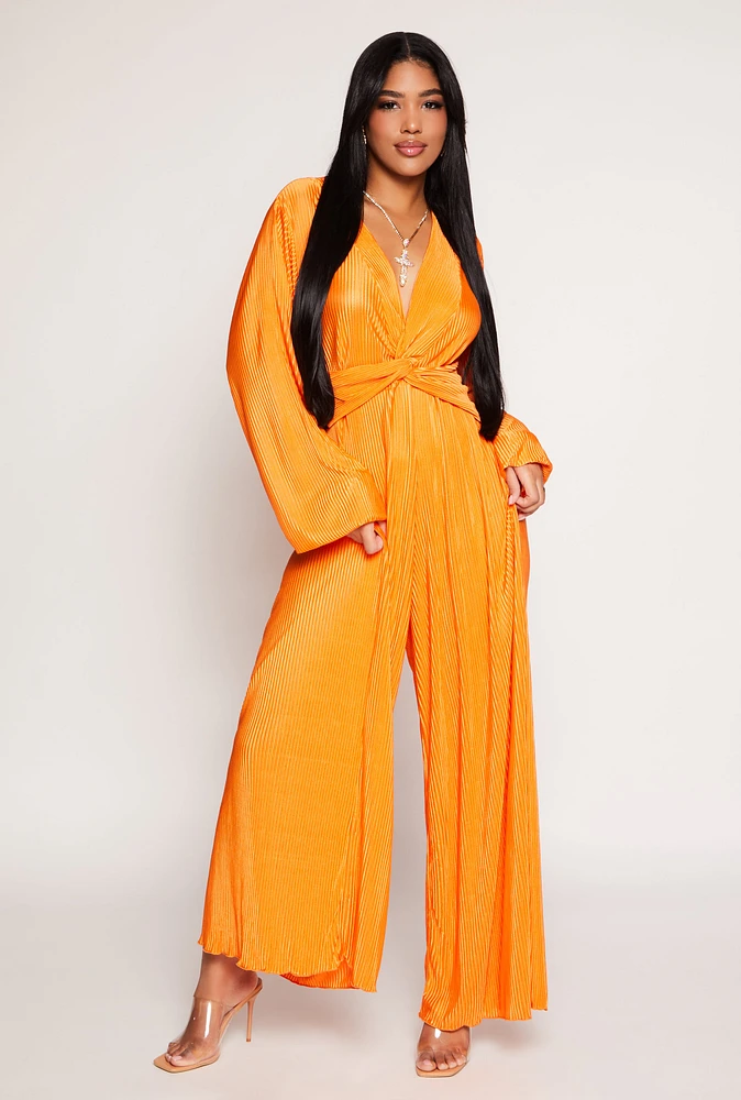 Womens Plisse Twist Front Jumpsuit, Orange,