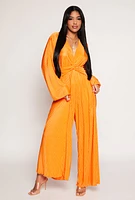 Womens Plisse Twist Front Jumpsuit, Orange,