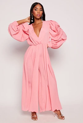 Womens Plisse Puff Sleeve Wide Leg Jumpsuit, Pink, Size M