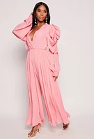 Womens Plisse Puff Sleeve Wide Leg Jumpsuit, Pink, Size M