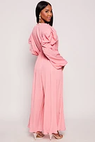 Womens Plisse Puff Sleeve Wide Leg Jumpsuit, Pink, Size M