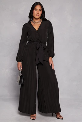 Womens Pleated Wide Leg Faux Wrap Jumpsuit,