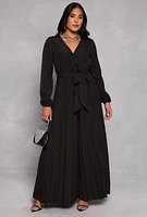 Womens Pleated Wide Leg Faux Wrap Jumpsuit,