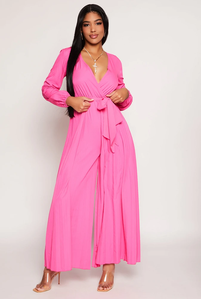 Womens Pleated Wide Leg Faux Wrap Jumpsuit, Pink, Size M