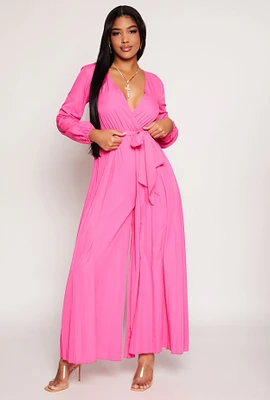 Womens Pleated Wide Leg Faux Wrap Jumpsuit, Pink,