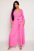 Womens Pleated Wide Leg Faux Wrap Jumpsuit, Pink, Size M