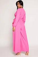 Womens Pleated Wide Leg Faux Wrap Jumpsuit, Pink, Size M