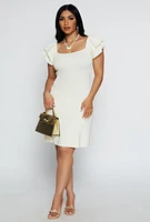 Womens Flutter Sleeve Square Neck Dress, White, Size S