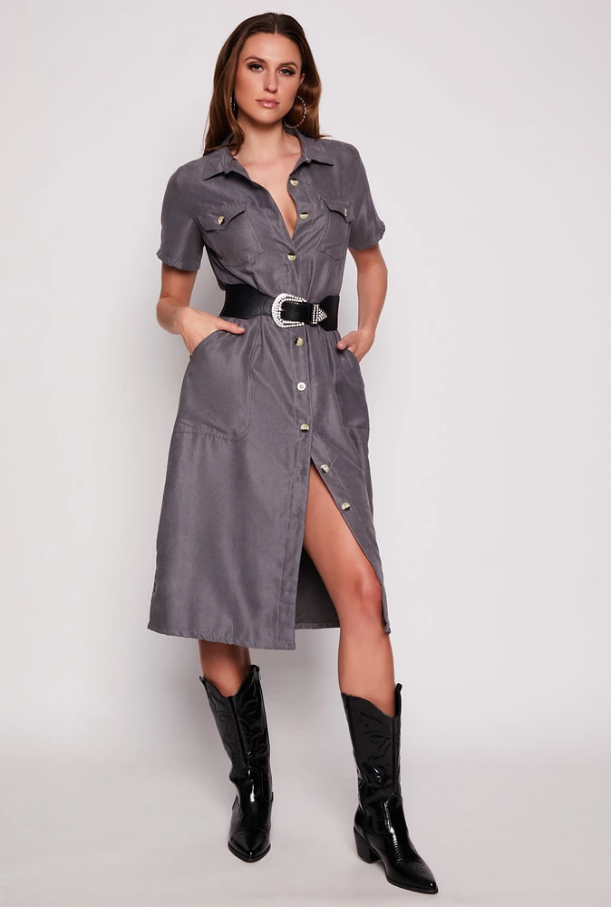 Womens Tie Waist Belted Button Down Shirt Dress, Grey, Size L